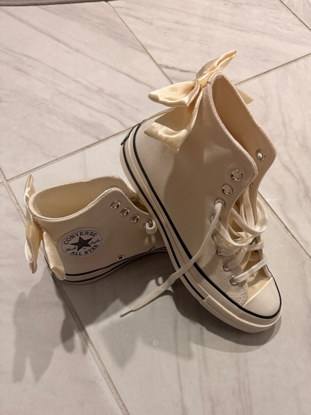 Converse High Top Canvas Sneakers in Cream with Ribbon Bow